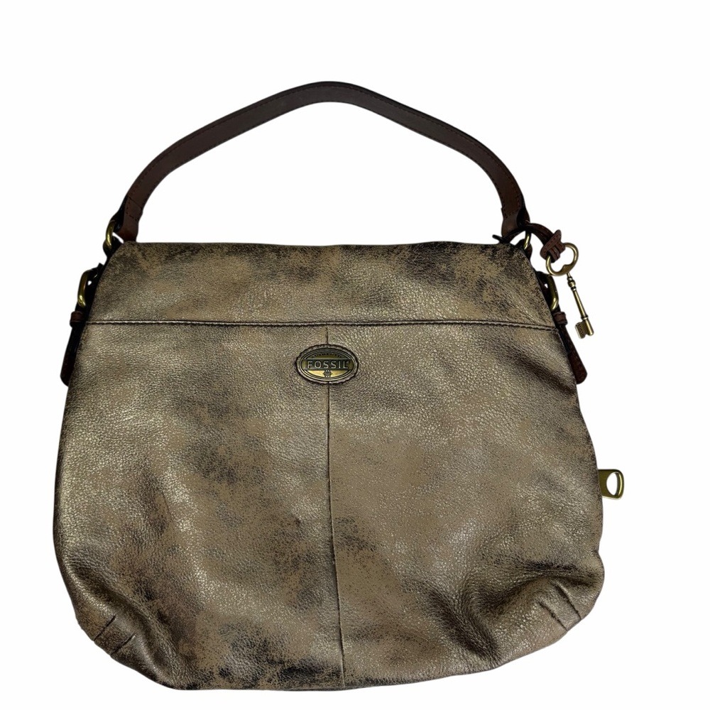Fossil Distressed Metallic Gold Leather Hobo Shoulder Bag Key Charm Brown Strap